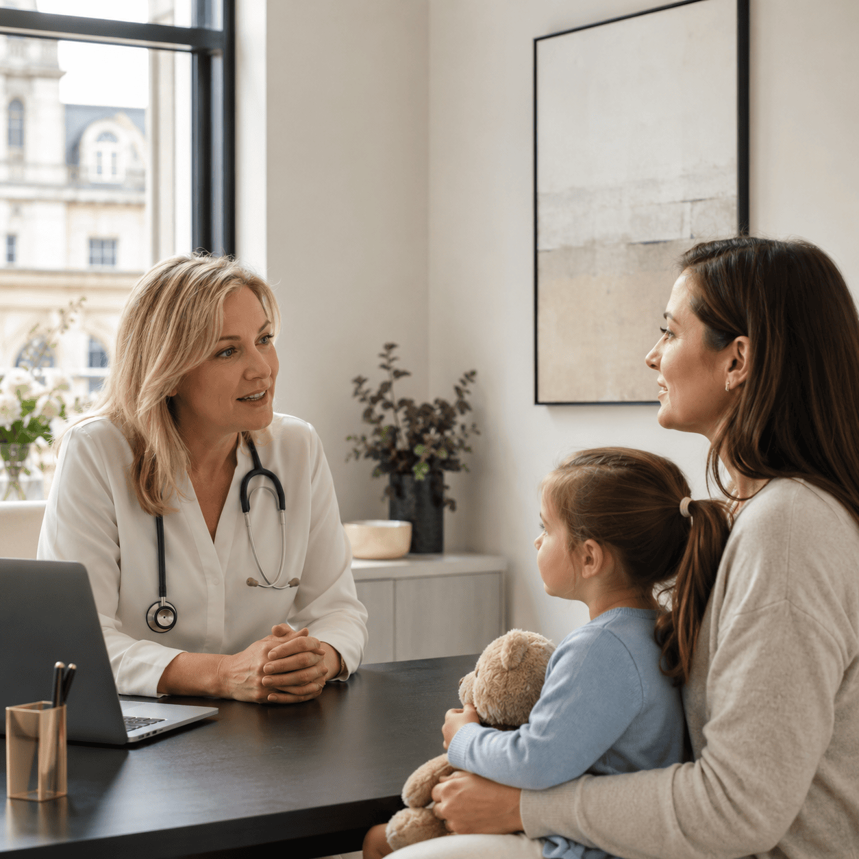GP talking with a mother and child during a paediatric consultation at Basuto Medical Centre